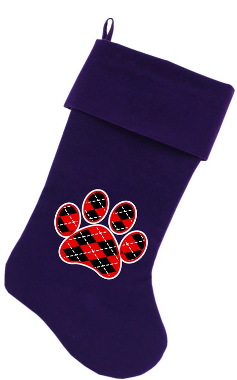 Argyle Paw Red Screen Print 18 inch Velvet Christmas Stocking Purple